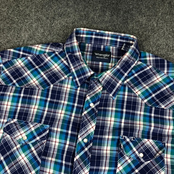 Wrangler Other - Wrangler Western Shirt Mens 4X Blue Green Plaid Pearl Snap Short Sleeve Big Tall